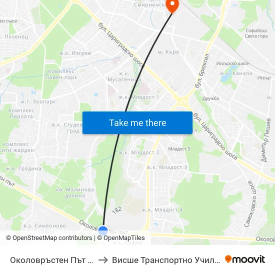 🛍️ Околовръстен Път / Ring Road (0415) to Висше Транспортно Училище Тодор Каблешков map