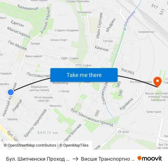 Бул. Шипченски Проход / Shipchenski Prohod Blvd. (0403) to Висше Транспортно Училище Тодор Каблешков map