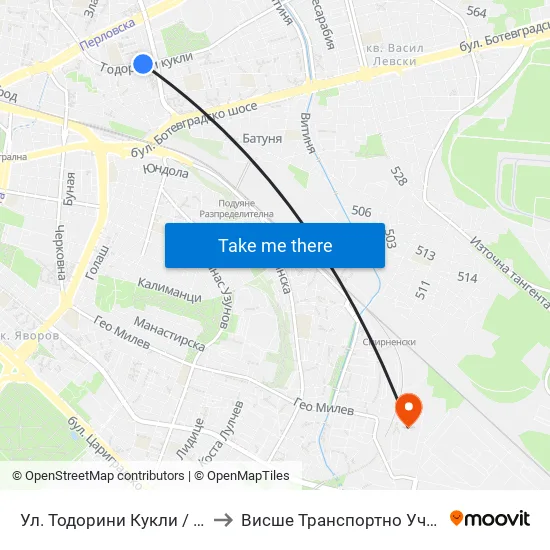 Ул. Тодорини Кукли / Todorini Kukli St. (2214) to Висше Транспортно Училище Тодор Каблешков map
