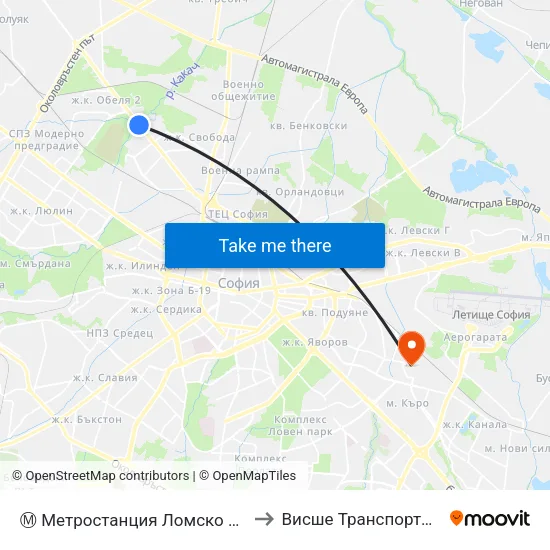 Ⓜ️ Метростанция Ломско Шосе / Lomsko Shose Metro Station (2660) to Висше Транспортно Училище Тодор Каблешков map
