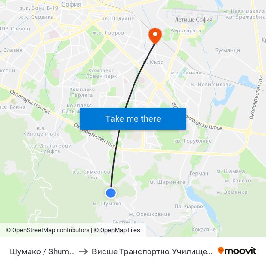 Шумако / Shumako (2377) to Висше Транспортно Училище Тодор Каблешков map