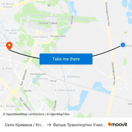 Село Кривина / Krivina Village (1541) to Висше Транспортно Училище Тодор Каблешков map