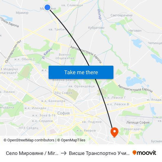 Село Мировяне / Mirovyane Village (1549) to Висше Транспортно Училище Тодор Каблешков map