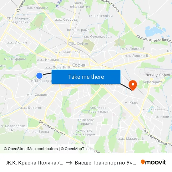 Ж.К. Красна Поляна / Krasna Polyana (0631) to Висше Транспортно Училище Тодор Каблешков map