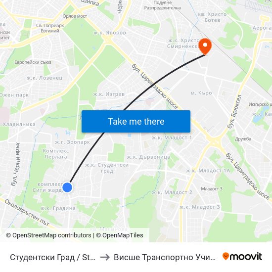 Студентски Град / Students' Town (2381) to Висше Транспортно Училище Тодор Каблешков map