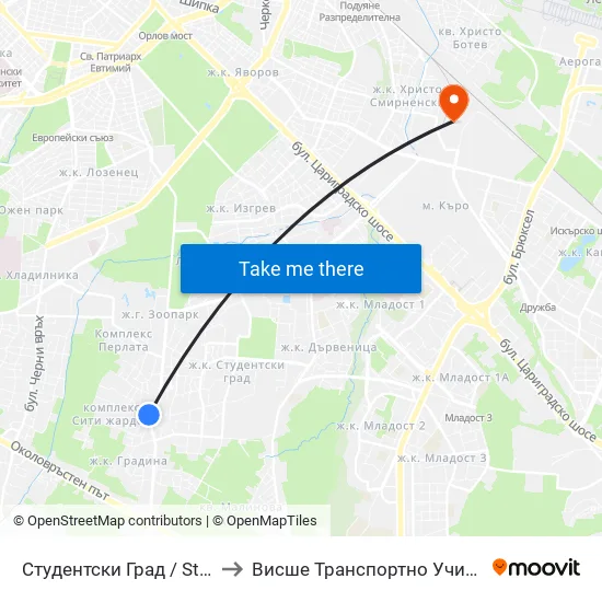 Студентски Град / Students' Town (2381) to Висше Транспортно Училище Тодор Каблешков map