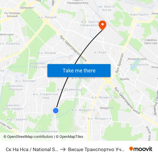 Ск На Нса / National Sports Academy (1608) to Висше Транспортно Училище Тодор Каблешков map