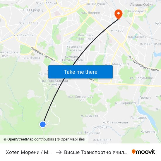 Хотел Морени / Moreni Hotel (2704) to Висше Транспортно Училище Тодор Каблешков map