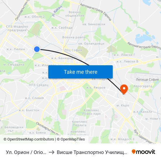 Ул. Орион / Orion St. (2090) to Висше Транспортно Училище Тодор Каблешков map
