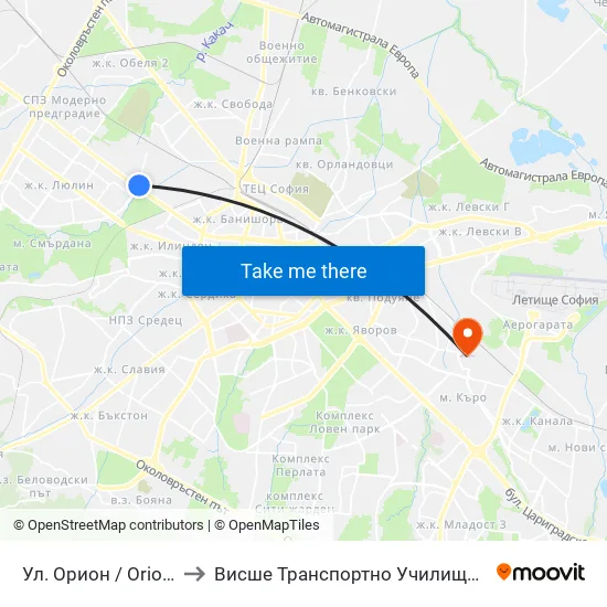 Ул. Орион / Orion St. (2090) to Висше Транспортно Училище Тодор Каблешков map