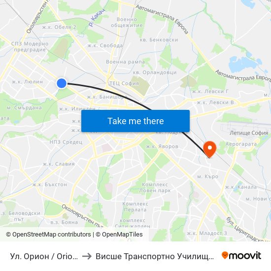 Ул. Орион / Orion St. (2092) to Висше Транспортно Училище Тодор Каблешков map