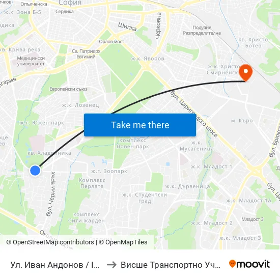 Ул. Иван Андонов / Ivan Andonov St. (1801) to Висше Транспортно Училище Тодор Каблешков map