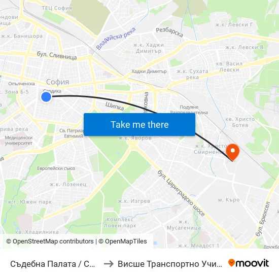 Съдебна Палата / Court Of Justice (1721) to Висше Транспортно Училище Тодор Каблешков map