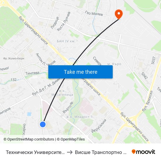 Технически Университет / Technical University (1740) to Висше Транспортно Училище Тодор Каблешков map