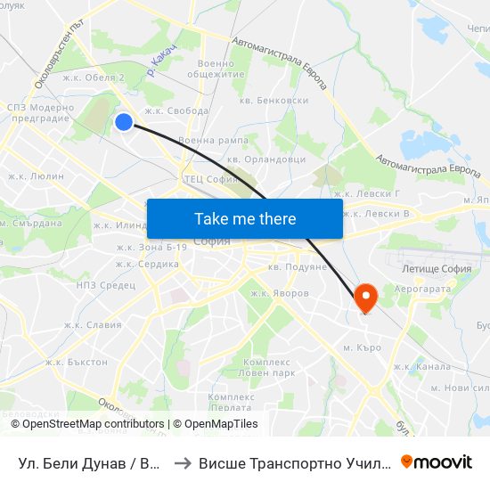 Ул. Бели Дунав / Beli Dunav St. (2577) to Висше Транспортно Училище Тодор Каблешков map