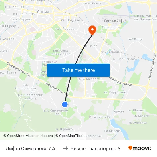 🚠 Лифта Симеоново / Aerial Lift Simeonovo (1011) to Висше Транспортно Училище Тодор Каблешков map