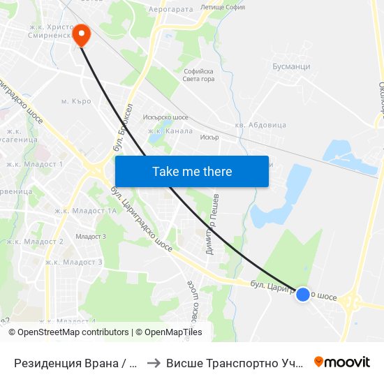 Резиденция Врана / Vrana Residence (1466) to Висше Транспортно Училище Тодор Каблешков map