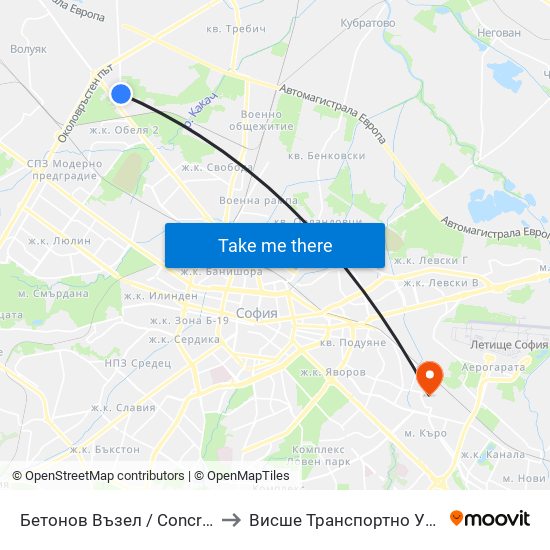Бетонов Възел / Concrete Production Hub (0114) to Висше Транспортно Училище Тодор Каблешков map