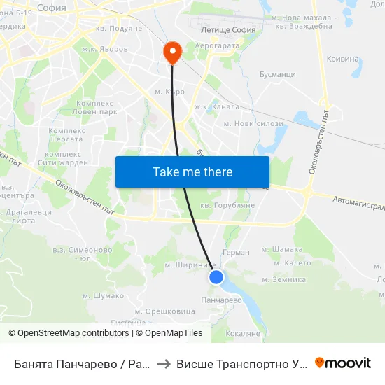 Банята Панчарево / Pancharevo Public Bath (0101) to Висше Транспортно Училище Тодор Каблешков map