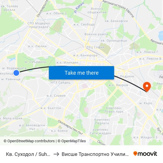 Кв. Суходол / Suhodol Qr.  (1173) to Висше Транспортно Училище Тодор Каблешков map