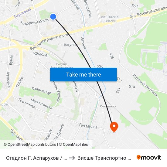 Стадион Г. Аспарухов / G. Asparuhov Stadium (1614) to Висше Транспортно Училище Тодор Каблешков map