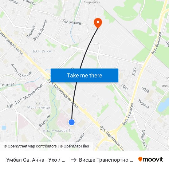 Умбал Св. Анна - Ухо / St. Anna Hospital - Loop (1197) to Висше Транспортно Училище Тодор Каблешков map
