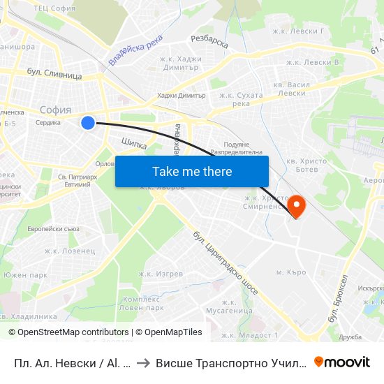 Пл. Ал. Невски / Al. Nevsky Sq. (1264) to Висше Транспортно Училище Тодор Каблешков map