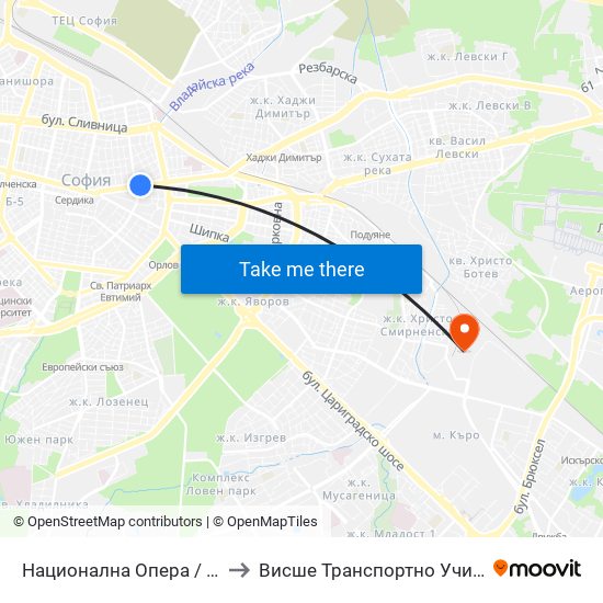 Национална Опера / National Opera (1116) to Висше Транспортно Училище Тодор Каблешков map