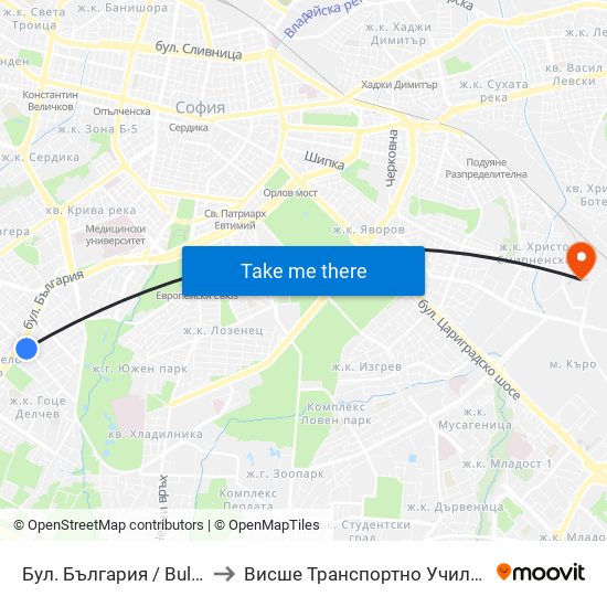 Бул. България / Bulgaria Blvd. (0291) to Висше Транспортно Училище Тодор Каблешков map