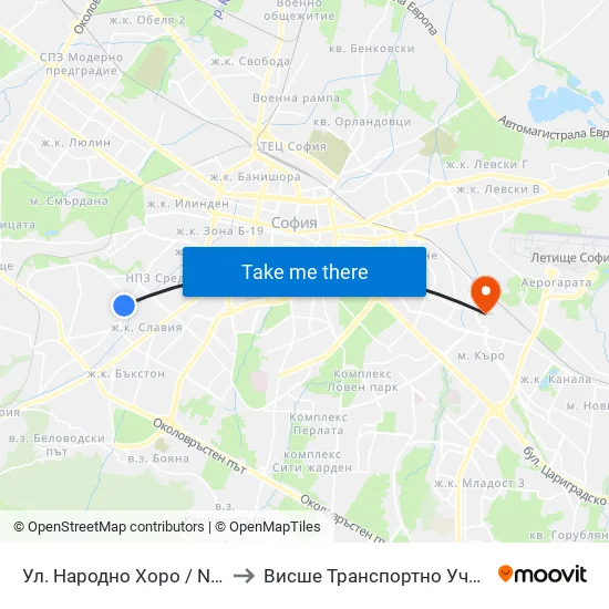 Ул. Народно Хоро / Narodno Horo St. (2057) to Висше Транспортно Училище Тодор Каблешков map