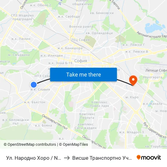Ул. Народно Хоро / Narodno Horo St. (2054) to Висше Транспортно Училище Тодор Каблешков map