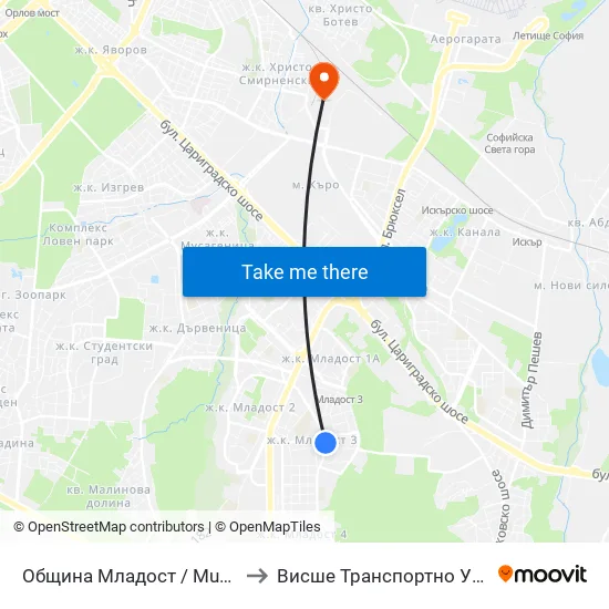 Община Младост / Municipality Of Mladost (0947) to Висше Транспортно Училище Тодор Каблешков map