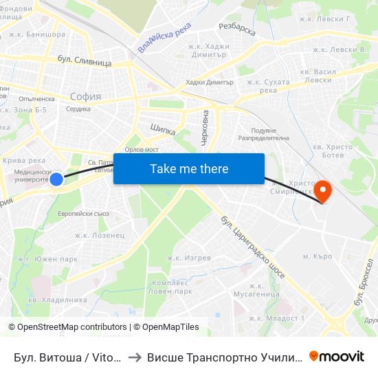 Бул. Витоша / Vitosha Blvd. (0301) to Висше Транспортно Училище Тодор Каблешков map