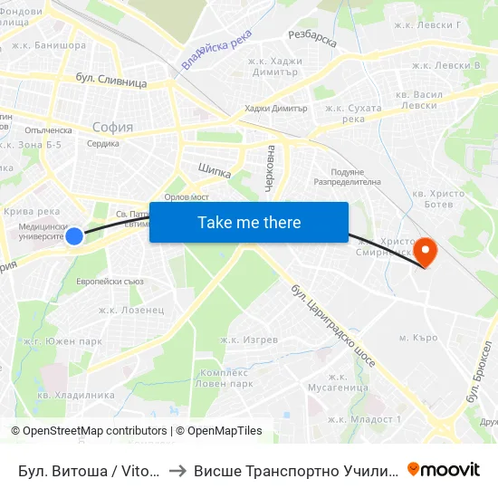 Бул. Витоша / Vitosha Blvd. (0301) to Висше Транспортно Училище Тодор Каблешков map