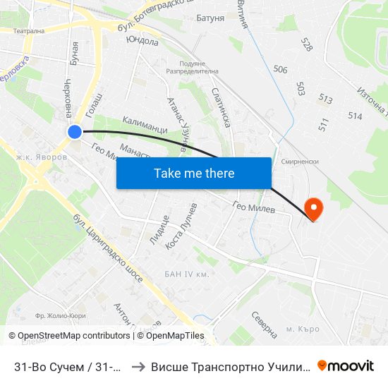 31-Во Сучем / 31-St School (0092) to Висше Транспортно Училище Тодор Каблешков map