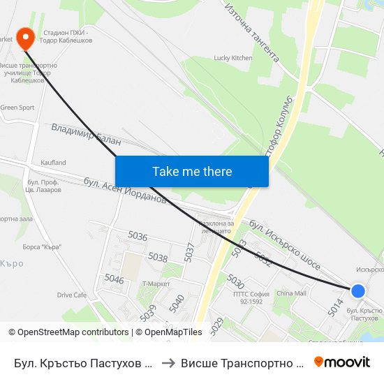 Ⓜ️ Бул. Кръстьо Пастухов / Krastyo Pastuhov Blvd. (1629) to Висше Транспортно Училище Тодор Каблешков map