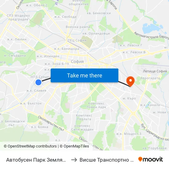 Автобусен Парк Земляне / Zemlyane Bus Depot (0080) to Висше Транспортно Училище Тодор Каблешков map