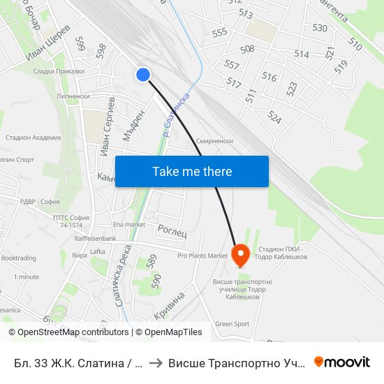 Бл. 33 Ж.К. Слатина / Bl. 33, Slatina Qr. (0109) to Висше Транспортно Училище Тодор Каблешков map