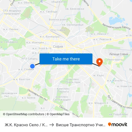 Ⓜ️ Ж.К. Красно Село / Krasno Selo Qr. (0636) to Висше Транспортно Училище Тодор Каблешков map