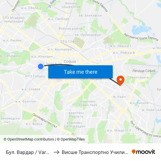 Бул. Вардар / Vardar Blvd. (0293) to Висше Транспортно Училище Тодор Каблешков map