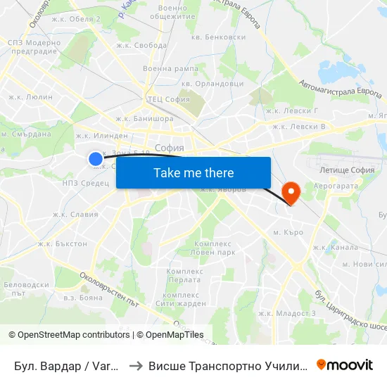 Бул. Вардар / Vardar Blvd. (0292) to Висше Транспортно Училище Тодор Каблешков map