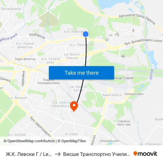 Ж.К. Левски Г / Levski G Qr (0646) to Висше Транспортно Училище Тодор Каблешков map