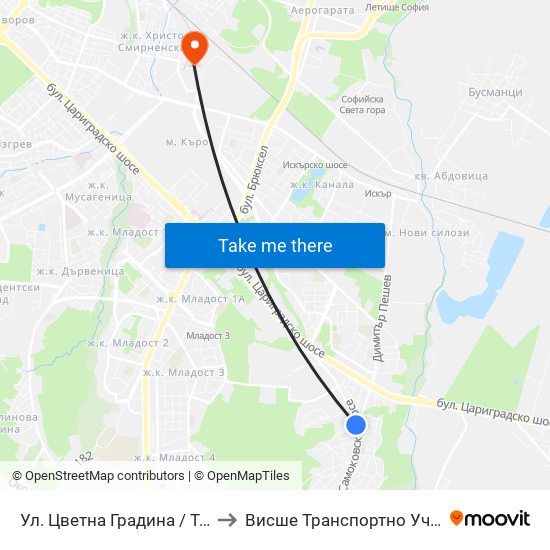 Ул. Цветна Градина / Tsvetna Gradina St. (2256) to Висше Транспортно Училище Тодор Каблешков map