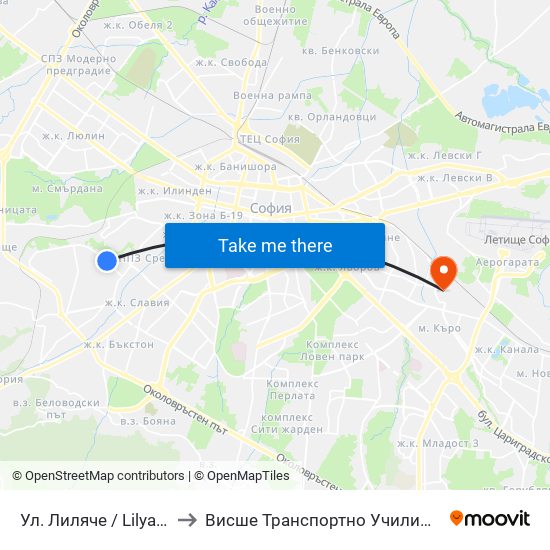 Ул. Лиляче / Lilyache St. (2029) to Висше Транспортно Училище Тодор Каблешков map