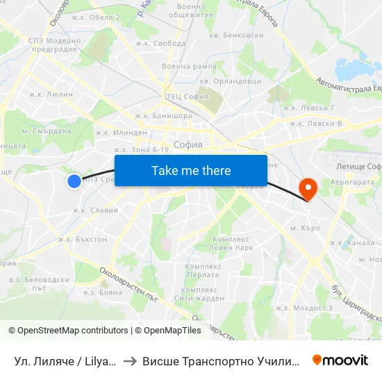 Ул. Лиляче / Lilyache St. (2029) to Висше Транспортно Училище Тодор Каблешков map