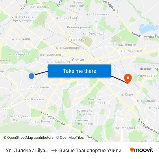 Ул. Лиляче / Lilyache St. (2030) to Висше Транспортно Училище Тодор Каблешков map