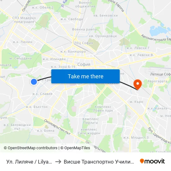 Ул. Лиляче / Lilyache St. (2030) to Висше Транспортно Училище Тодор Каблешков map