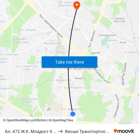 Бл. 472 Ж.К. Младост 4 / Bl. 472, Mladost 4 Qr. (2392) to Висше Транспортно Училище Тодор Каблешков map