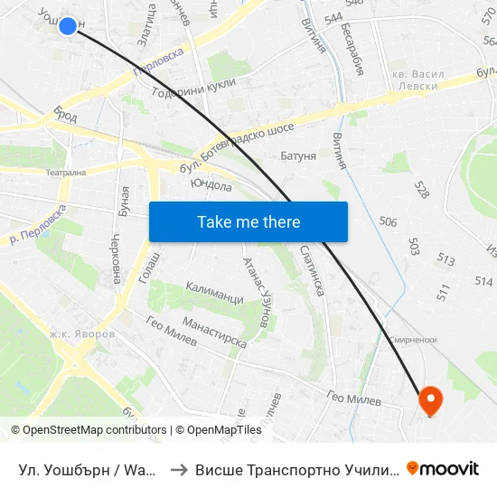 Ул. Уошбърн / Washburn St. (2222) to Висше Транспортно Училище Тодор Каблешков map