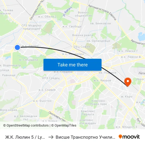 Ж.К. Люлин 5 / Lyulin 5 Qr. (0657) to Висше Транспортно Училище Тодор Каблешков map
